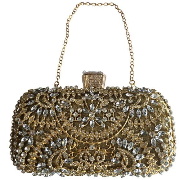 Handbags - Gold Rhinestone Filigree Evening Clutch Bag Detachable Chain Formal Minaudiere